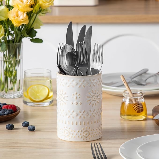 LOVECASA Utensil Holder, 7.2"+5.4" Ceramic Utensil Holder for Countertop, Large Cooking Utensil Crocks for Kitchen Counter, Farmhouse Utensil Vase for Housewarming, Kitchen Decor, Set of 2, Oasis - Image 7