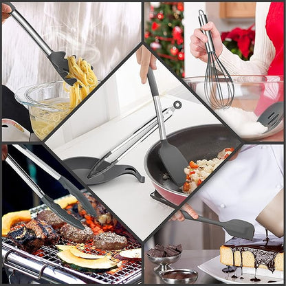 Silicone Kitchen Utensils Set, E-far 30-Piece Cooking Utensils Set with Holder, Heat Resistant Kitchen Spatulas Turner Tong Spoon Whisk Ladle for Nonstick Cookware, Stainless Steel Handle (Gray) - Image 4