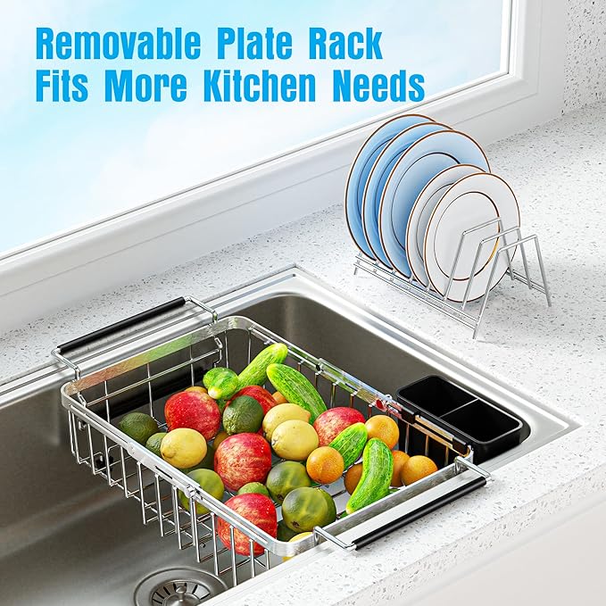 Expandable Over The Sink Dish Drying Rack, Anti-Rust Stainless Steel in Sink Dish Drainer with Cutlery Holder, Counter Space Saving Sturdy Sink Drying Rack for Many Kitchen Drain Task - Image 3