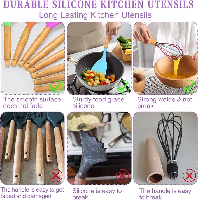 Umite Chef Kitchen Cooking Utensils Set, 33 pcs Non-stick Silicone Cooking Kitchen Utensils Spatula Set with Holder, Wooden Handle Silicone Kitchen Gadgets Utensil Set (Colorful) - Image 7