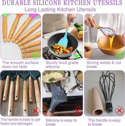 Umite Chef Kitchen Cooking Utensils Set, 33 pcs Non-stick Silicone Cooking Kitchen Utensils Spatula Set with Holder, Wooden Handle Silicone Kitchen Gadgets Utensil Set (Colorful) - Image 7