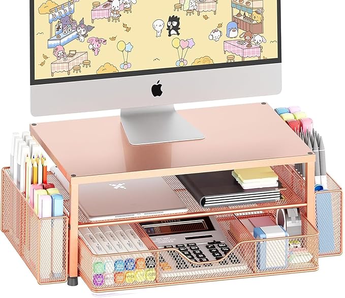 OPNICE Desk Organizers and Accessories, 2-Tier Computer Monitor Stand with Drawer and 2 Pen Holders, Laptop Stand, Office Desk Accessories for Office Supplies, Rose Gold by OPNICE