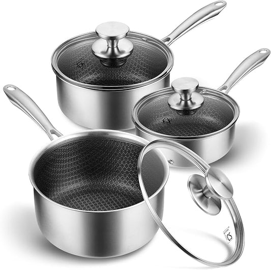 KOCH SYSTEME CS Hybrid Nonstick Stainless Steel Saucepan Set, 6-Piece Triply Stainless Steel Saucepan Set with Hybrid Honeycomb Interior, 1QT & 2QT & 3QT Sauce Pans, Induction Ready, Steel Pot Set by KOCHSYSTEMECS