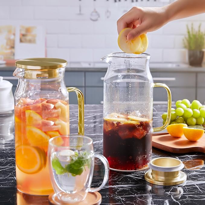 Bivvclaz 2 Pack 2 Liter 68 oz 2.1 Qt Gold Glass Pitcher with Lid and Handle, Water Pitcher for Fridge, Glass Carafe for Hot/Cold Water, Large Iced Tea Jug for Coffee, Juice and Homemade Beverage - Image 7
