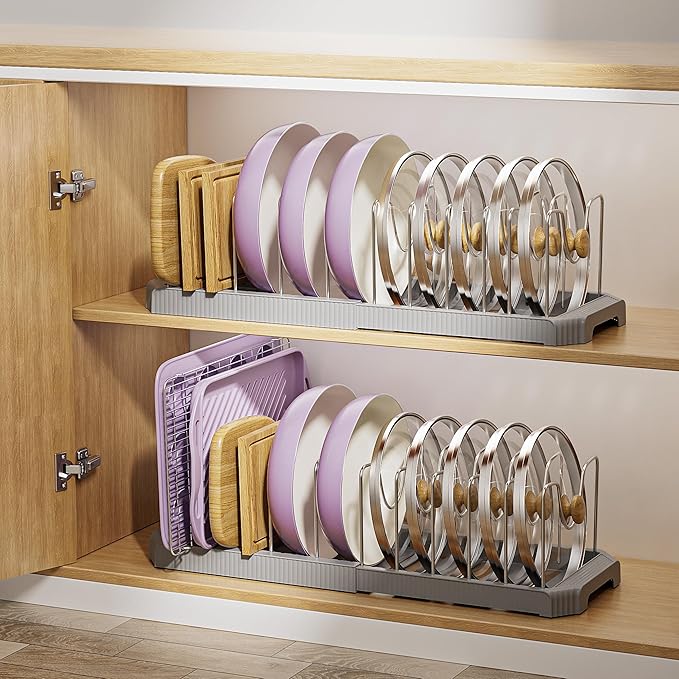 MUDEELA Pot Lid Organizer Rack for Cabinet, Expandable Pots and Pans Organizer under Cabinet with 12 Adjustable Dividers, Pan Organizers Holder inside Cabinet for Cutting Boards, Baking Sheets, Grey - Image 8