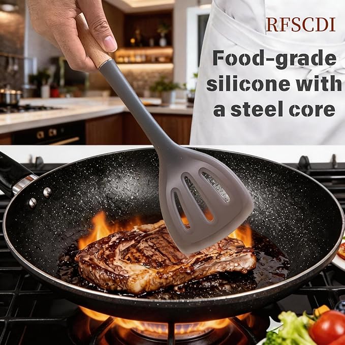 2-Piece Cooking Spatula Set - German standard Food-Grade Silicone with Steel Core, Heat Resistant Up to 500℉, Non-Stick Cooking Utensils for Kitchen with Ergonomic Non-Slip Handle (Gray) - Image 5