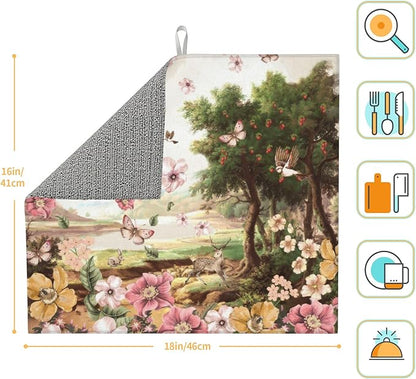 Retro Country Woods Deer Dish Drying Mat 16x18 Inch, Microfiber Absorbent Fast Dry Mat Flowers Butterfly Large Dish Mat Drying Kitchen Mat, Kitchen Drying Pad for Kitchen Counter Coffee Bar Decor