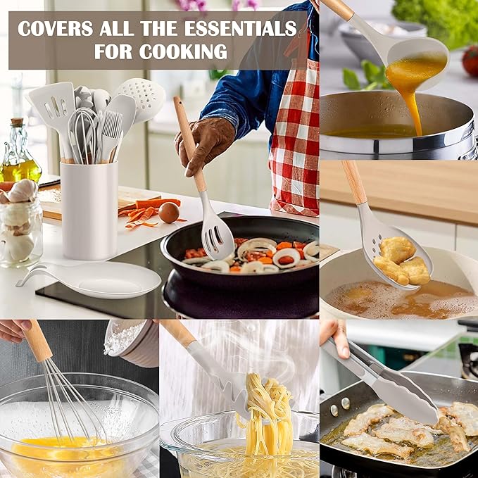 E-far Silicone Kitchen Utensils Set with Holder, 25-Piece Cooking Utensil Set with Wooden Handle for Nonstick Cookware, 446°F Heat Resistant Kitchen Tool Spatula Tong Whisk, Non-toxic & Healthy, Khaki - Image 5