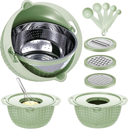 4-1 Strainer with Bowl & Spoons Set - Strainers and Colanders - Colanders for kitchen(Patented) - Pasta Strainer with Upgraded Graters & Spoons for Fruit Veggie Kitchen Essentials, Green by Balavina