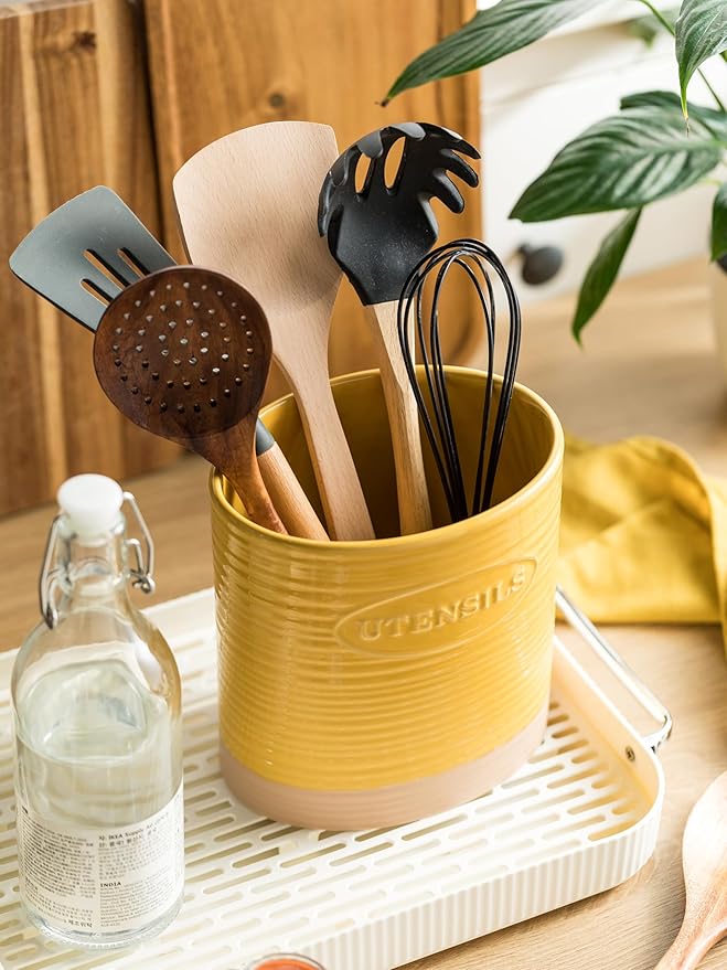 YHOSSEUN Kitchen Utensil Holder for Countertop, Ceramic Utensil Holder for Kitchen Counter, Cooking Utensil Crock for Spatula, Oval Shape, Yellow - Image 4