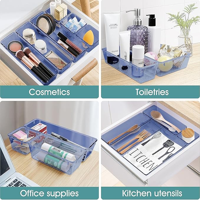 WOWBOX 25 PCS Plastic Drawer Organizer Set, 4 Sizes Desk Drawer Divider Organizers and Storage Bins for Makeup, Jewelry, Gadgets for Kitchen, Bedroom, Bathroom, Office, Clear Dark Blue - Image 5