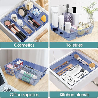 WOWBOX 25 PCS Plastic Drawer Organizer Set, 4 Sizes Desk Drawer Divider Organizers and Storage Bins for Makeup, Jewelry, Gadgets for Kitchen, Bedroom, Bathroom, Office, Clear Dark Blue - Image 5