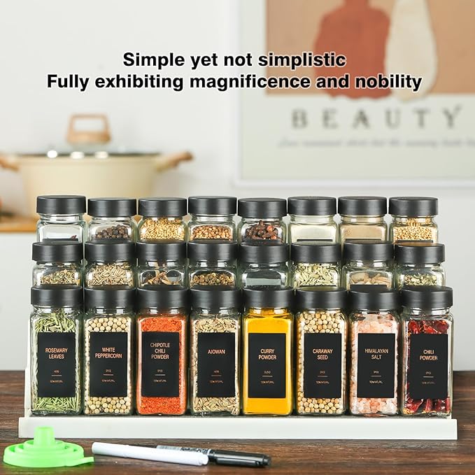 Spice Jars with Label，4oz Glass Spice Bottles With Shaker Lids，Seasoning Containers with Funnel, Chalk Pen for Cabinet，Drawer，Rack (Black, 24) - Image 2