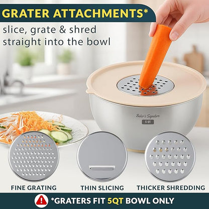 Baker's Signature Stainless Steel Mixing Bowls with Lids Set, 5 Sizes, 3 Graters, Non-Slip Base, Airtight Lids, Metal Mixing Bowls for Kitchen, Food Prep, Storage, 0.63QT-5QT, Khaki - Image 6