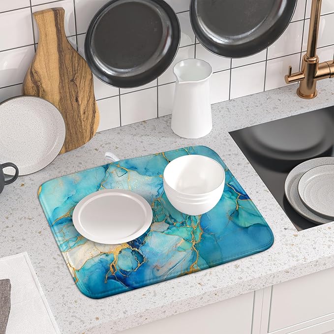 Marble Print Dish Drying Mat for Kitchen Counter,Blue Teal Turquoise Gold Drying Mat 16 x 18 Inch with Absorbent Reversible Microfiber Drying Pad for Coffee Bar - Image 6