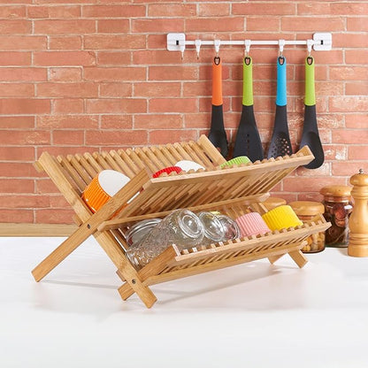 Collapsible Bamboo Dish Drying Rack - 2 Tier Space Saving Kitchen Counter Organizer, Holds 19 Plates, Bowls & Utensils (17.8"x10.23"x9.25")