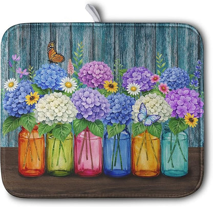 Hydrangea Dish Drying Mat Spring Summer Floral Jars Kitchen Drying Mats for Countertops Vintage Flower Vases Dish Draining Mat Microfiber Absorbent Dish Rack Pad 16x18 Inch by Kwlegh