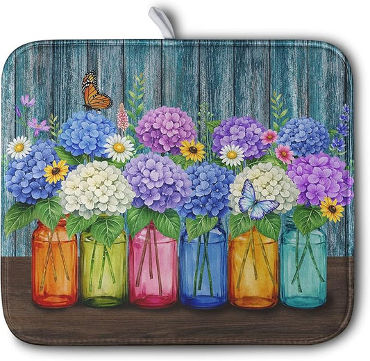 Hydrangea Dish Drying Mat Spring Summer Floral Jars Kitchen Drying Mats for Countertops Vintage Flower Vases Dish Draining Mat Microfiber Absorbent Dish Rack Pad 16x18 Inch by Kwlegh