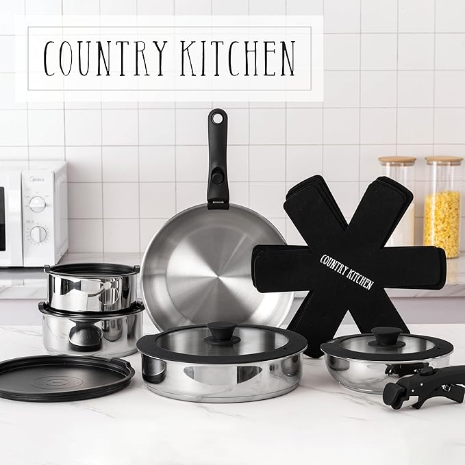 Country Kitchen Cookware Set with Removable Handle, Oven & RV Safe Pots and Pans Set, Stainless Steel, Original - Image 8