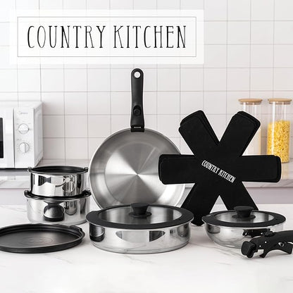 Country Kitchen Cookware Set with Removable Handle, Oven & RV Safe Pots and Pans Set, Stainless Steel, Original - Image 8