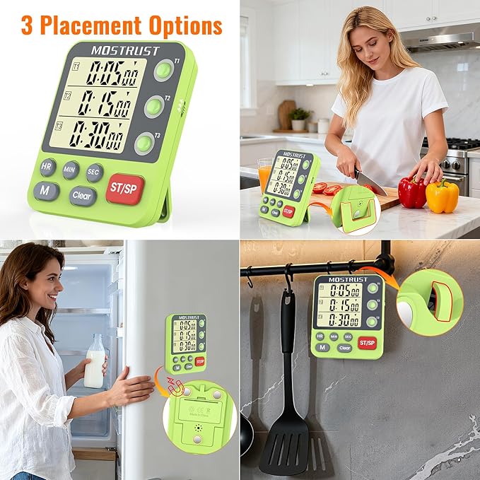 Digital Dual Kitchen Timer, 3 Channels Countdown Triple Timer for Cooking, Magnetic Memory-Preset Large-Display Adjustable Alarm Volume, Multi Times Management, 3A Battery Included, Green - Image 6