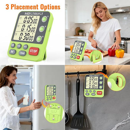 Digital Dual Kitchen Timer, 3 Channels Countdown Triple Timer for Cooking, Magnetic Memory-Preset Large-Display Adjustable Alarm Volume, Multi Times Management, 3A Battery Included, Green - Image 6