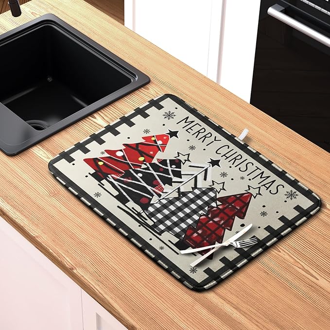 Christmas Trees Kitchen Dish Drying Mat 18x24 Inch Merry Christmas Black White Buffalo Plaid Dish Drainer Mat Absorbent Reversible Microfibe Drying Dish Pad for Winter Kitchen Counter Decor - Image 6