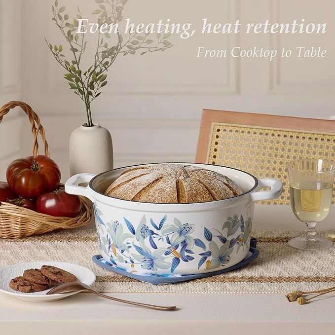 CAROTE 5 QT Cast Iron Dutch Oven Pot with Lid, Enameled Floral Dutch Ovens with Cotton Potholders & Oven Gloves, Gift Box, Cast Iron Pot for Sourdough Bread Baking, Braising, Stews, Roasting, Dual Handles, All Stovetop Compatible, Oven Safe up to 500° ... - Image 3