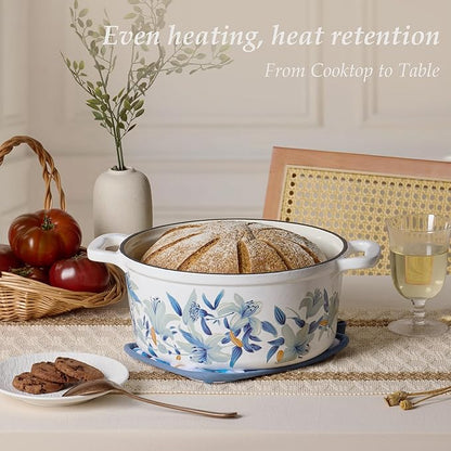 CAROTE 5 QT Cast Iron Dutch Oven Pot with Lid, Enameled Floral Dutch Ovens with Cotton Potholders & Oven Gloves, Gift Box, Cast Iron Pot for Sourdough Bread Baking, Braising, Stews, Roasting, Dual Handles, All Stovetop Compatible, Oven Safe up to 500° ... - Image 3