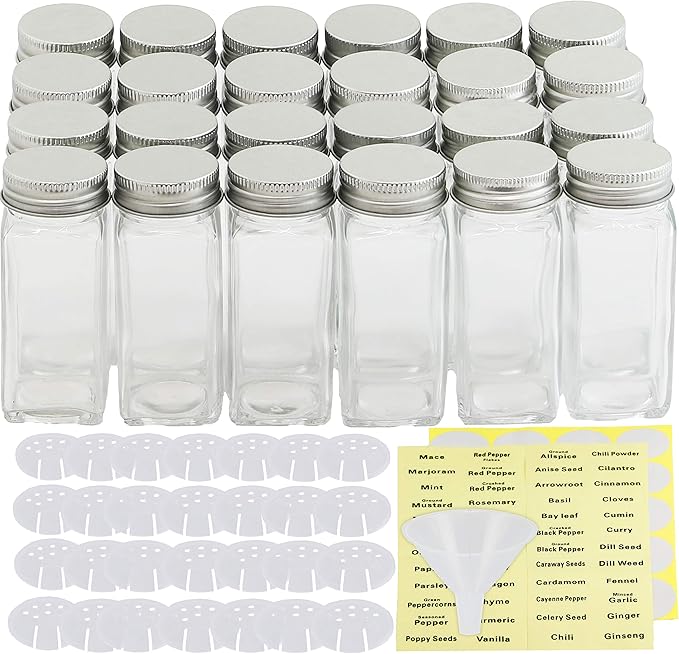 Simple Houseware Spice Jars 4 Ounce Square Glass Bottles with Shaker Lids, Funnel and Labels for Seasoning & Storage, 24 Pack - Image 2