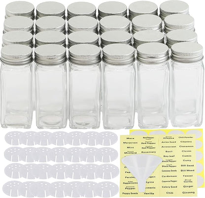 Simple Houseware Spice Jars 4 Ounce Square Glass Bottles with Shaker Lids, Funnel and Labels for Seasoning & Storage, 24 Pack - Image 2