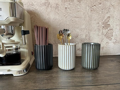 TOPYOKK Stoneware Coffee Bar Utensil Holder Tea & Coffee Spoon & Stirrer Holder for Stir Stick Straw Teaspoon Holder Spoon Cup Small Utensil Jar Fluted Vertical Stripe (Retro White) - Image 2