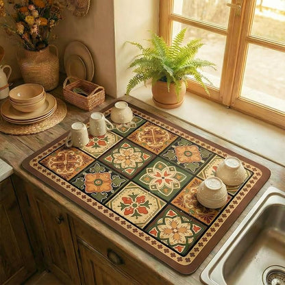 Boho Dish Drying Mat for Kitchen Counter - Super Absorbent Faux Leather Kitchen Mat, Quick Dry & Non-Slip Countertop Protector, Aesthetic Bohemian Decor for Coffee Bar (12"x19", Boho)