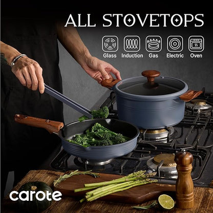 CAROTE 30-Piece Titanium Cookware Set, Nonstick Pots and Pans Set with Detachable Handle, RV Kitchen Cooking Set, Camping Use, Induction Compatible, Dishwasher & Oven Safe