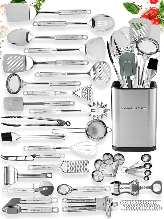 Home Hero 54-Piece Stainless Steel Kitchen Utensils Set - Heat-Resistant Nonstick Silicone & Stainless Steel Cooking Utensils - Complete Tools with Slotted Spoon & Pasta Spoon - Pack of 54, Silver by HomeHero