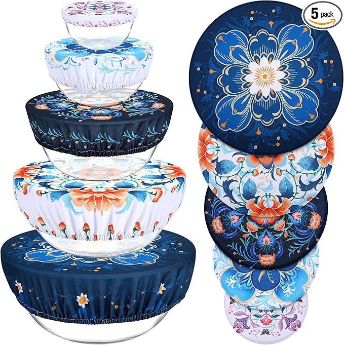 5 Pieces Bowl Covers Reusable, 5 Size Elastic Cloth Bowl Covers for Bread Proofing Food Covers Washable for Food Fruits Leftover (Dark Blue Floral) by Revahope