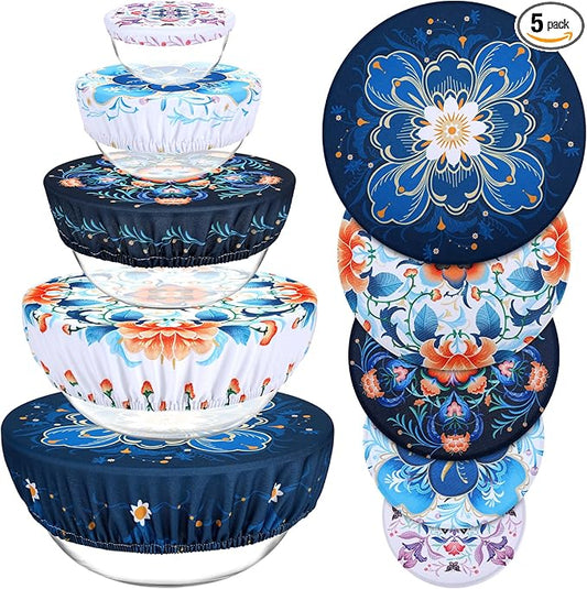 5 Pieces Bowl Covers Reusable, 5 Size Elastic Cloth Bowl Covers for Bread Proofing Food Covers Washable for Food Fruits Leftover (Dark Blue Floral) by Revahope