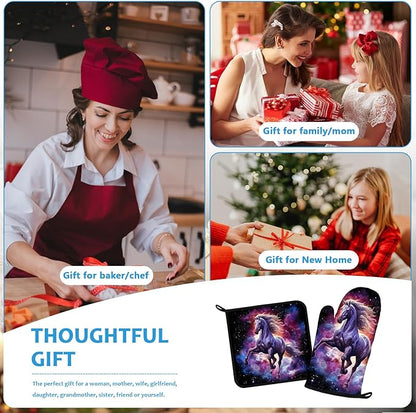 Horse Purple Galaxy Space Oven Mitts and Pot Holders Sets Heat Resistant 4Pcs Potholders Oven Gloves Hot Pads for Kitchen Baking Cooking Grilling BBQ