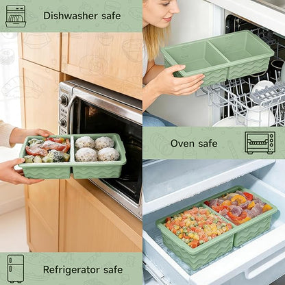 3-Pack Silicone Freezer Trays with Lid, Soup Freezer Container Molds, Silicone Freezer Molds, Ice Cube Tray for freezing Soup Sauce Broth Leftovers, Dishwasher & Oven Safe, BPA Free (2-cup,green)