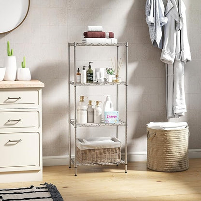 BestOffice | 4-Tier Wire Storage Shelves | 12"D x 18"W x 44"H | Chrome | with Adjustable Racks PP Liners | Compact Metal Shelf, Holds Upto 600 lbs | Ideal for Kitchens Closets Bathrooms Small Corners