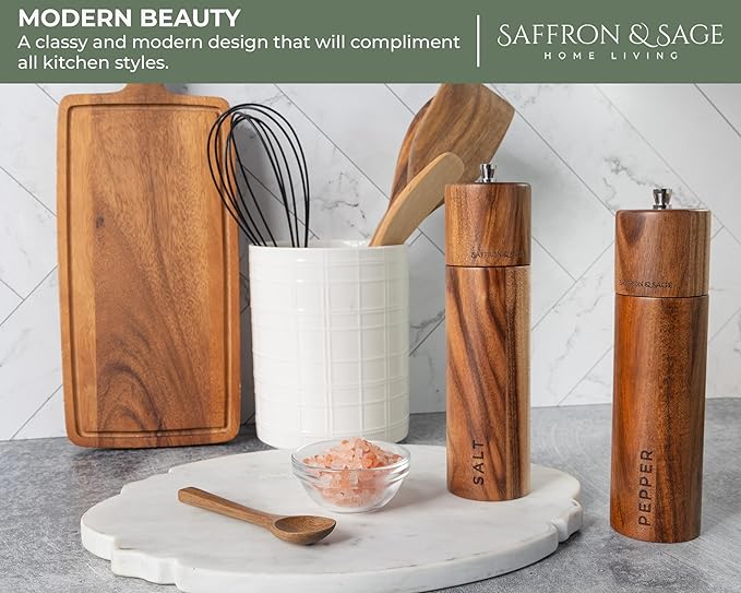 Saffron & Sage Premium Acacia Wood Salt and Pepper Grinder Set of 2-8” Tall Salt and Peppercorn Mill with Adjustable Coarse Settings, Rust Resistant, Smooth and Quality Grinding Mechanism