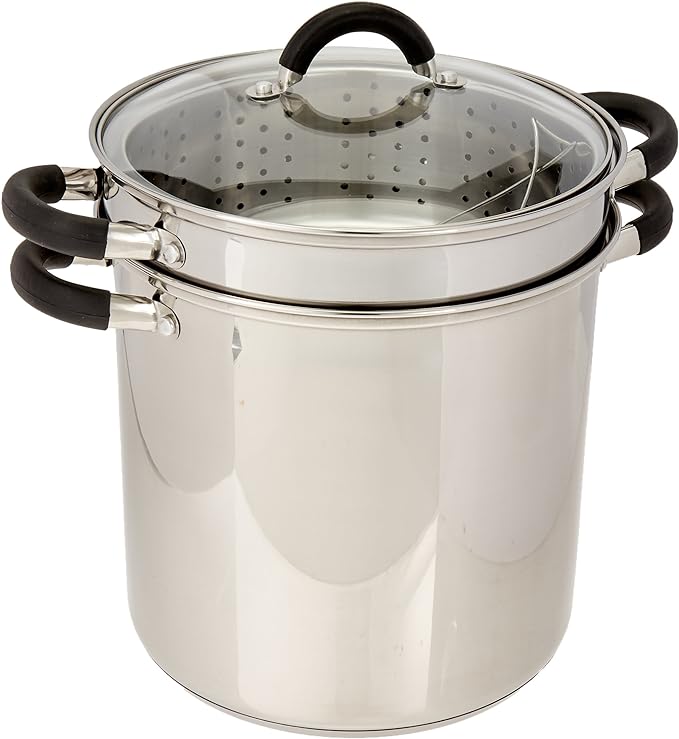 ExcelSteel 12 Qt Multifunction Stainless Steel Pasta Cooker with Encapsulated Base, Vented Glass Lid, and Riveted Silicone Covered Handles