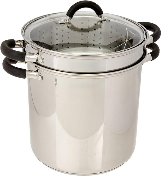 ExcelSteel 12 Qt Multifunction Stainless Steel Pasta Cooker with Encapsulated Base, Vented Glass Lid, and Riveted Silicone Covered Handles