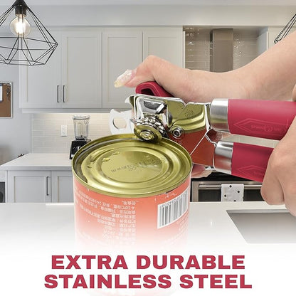 Manual Can Opener with Magnet, Heavy Duty Hand Can and Bottle Opener with Stainless Steel Blade and Rubber Grip, Smooth Cutting Hand Can Openers for Senior, Magnetic Lid Remover Kitchen Tool (Red)