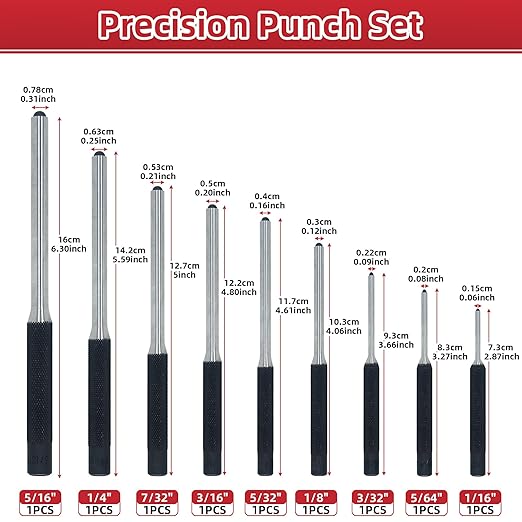 9-Piece Roll Pin Punch Set - Precision Steel Punches for Gunsmithing, Watch Repair & DIY (1/16" to 1/4") - Includes Tool Pouch, Ideal for Firing Pin Removal, Nail Punching & Building Projects - Image 2