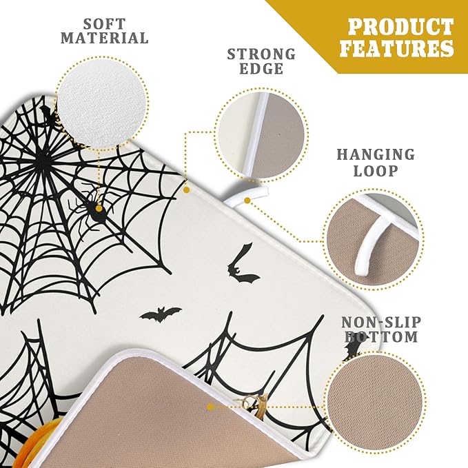 Giwawa Happy Halloween Dish Drying Mat 16"x18" Spooky Colorful Pumpkins Decorative Dish Drainer Mats Horrible Spider Web Bats Reversible Dish Drying Pad for Kitchen Countertop Dining Room