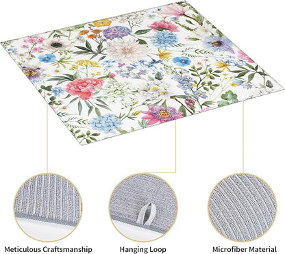 Colorful Flowers Dish Drying Mat for Kitchen Counter, 16"x18" Microfiber Absorbent Fast Dry Mat, 2Pcs Dish Mat Faucet Mats Sets, Large Drying Kitchen Mat Kitchen Drying Pad Coffee Bar Decor Gifts