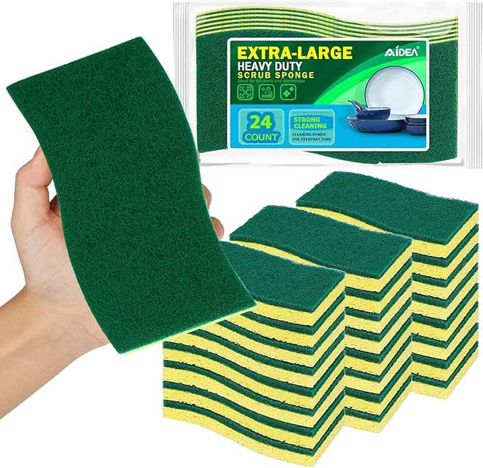 AIDEA XL Scrub Sponges 24Count, Sponges for Dishes, Extra Large Sponge for Cleaning Kitchen and Household, Heavy Duty Sponge Safe for Non-Coated Cookware, Cleaning Power for Bathroom, House by AIDEAHOME