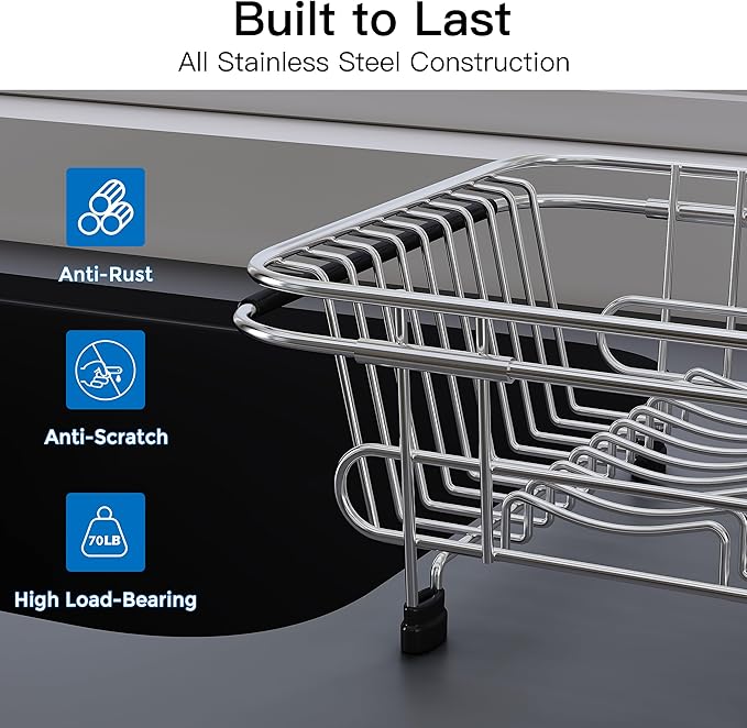 Apartment RV Small Dish Drainer Drying Rack Over The Sink In Stainless Steel for Narrow Kitchen, Counter Space Saving Compact Expandable Metal Plate Dryer Strainer, Modern Above Wire Drain Holder - Image 6