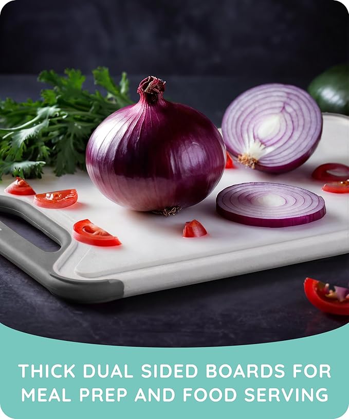 Cutting Boards for Kitchen, Plastic Cutting Board Set of 3, Dishwasher Safe Cutting Boards with Juice Grooves for Meat, Veggies, Fruits, Easy Grip Handle, Serveware Accessories (Gray)
